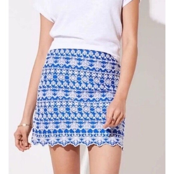 NWT SHABBY CHIC LOFT SIZE 10 BLUE EYELET SKIRT WITH WHITE EMBROIDERY&SCALLOP HEM - Picture 1 of 6